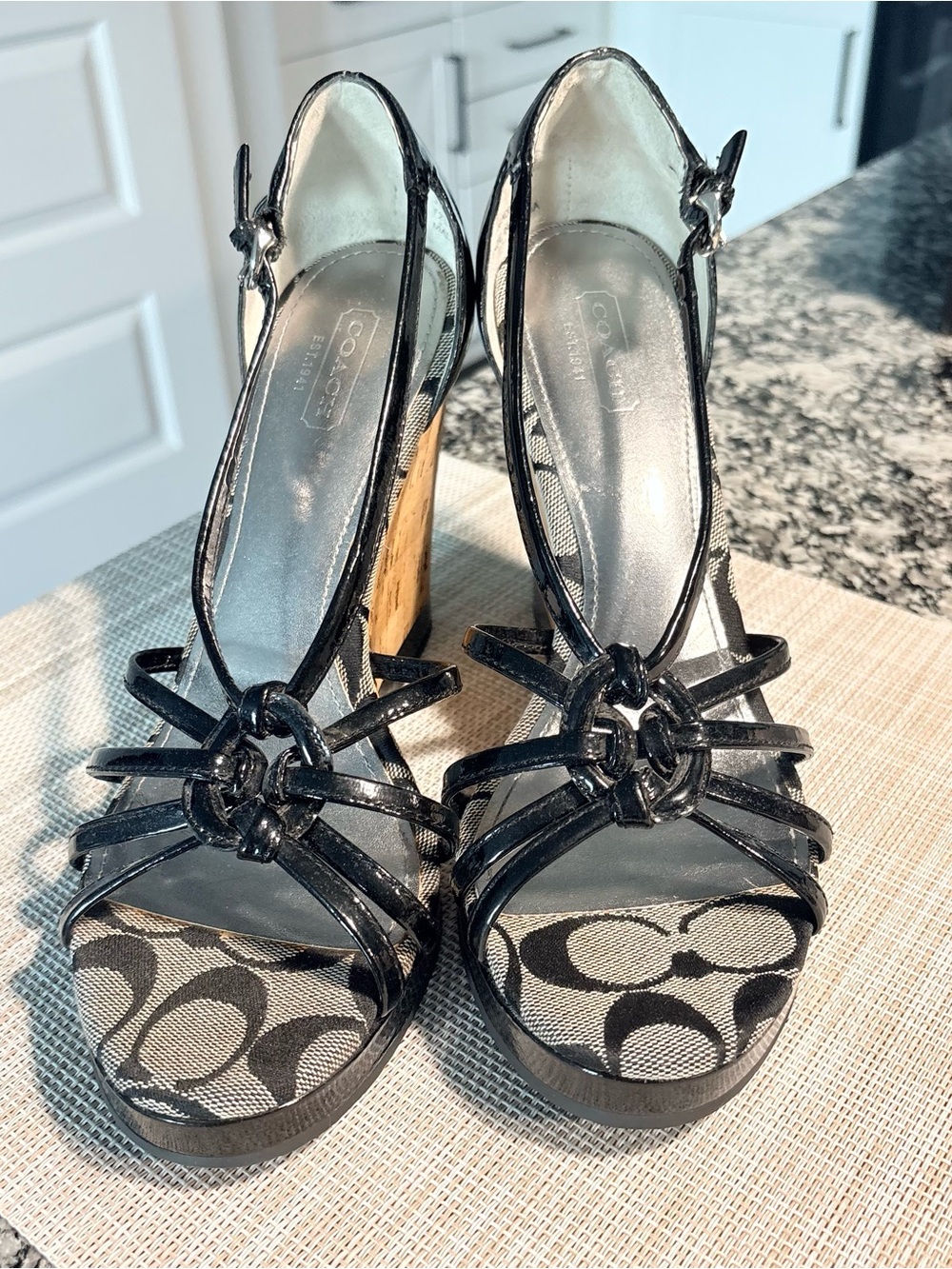 Coach Black Patent Leather Cork Wedge Sandals - Picture 3 of 6